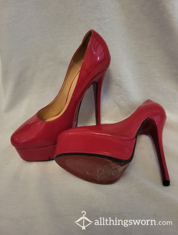 Scarlet Red, Well Worn, Platform High Heels (Size 10)