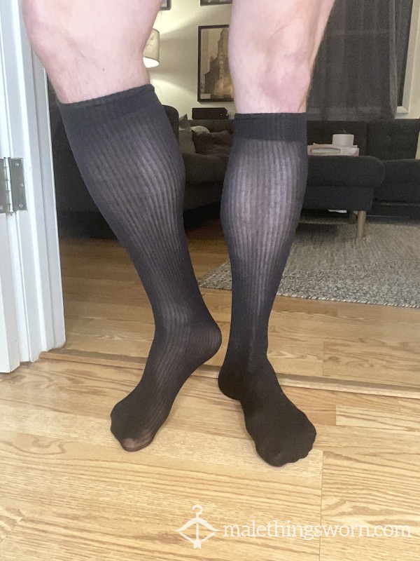 Sheer Black Business Socks With Black Stripes
