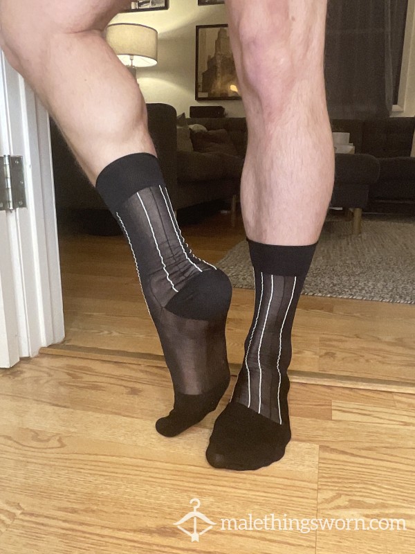 Sheer Mid-Calf Black Business Socks - White Stripes