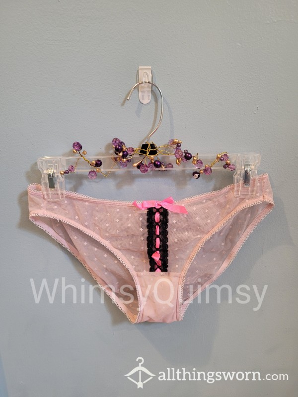 Sheer Pink Panties With Black Lace & Pink Ribbon In The Front