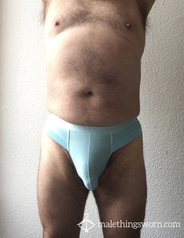 Silky Tight Pale Used Briefs. Japanese. Bulge. Precum. Stained. Well Worn
