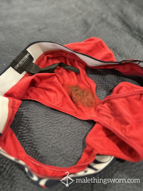 SOLD***Skid Sharts In Cum Stained Armani RED Briefs