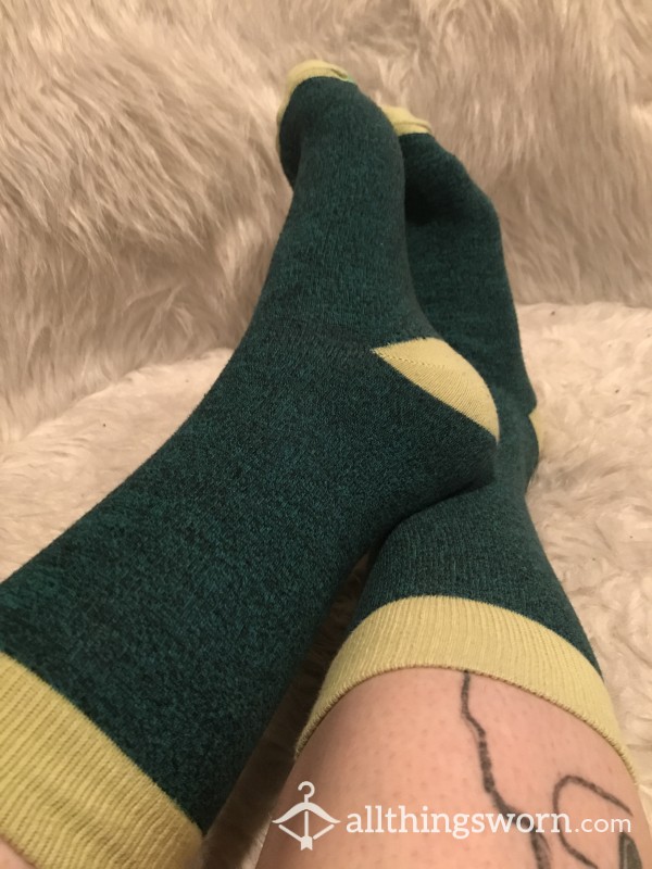 Teal And Neon Yellow Mid Calf Socks