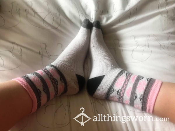 Thick White , Pink And Grey Socks,