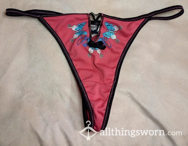 Thong With Lace-up Front And Butterflies