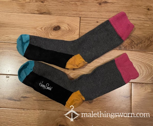 Used Stinky Happy Socks Grey & Block Colour Dress Socks, With Threadbare Heels