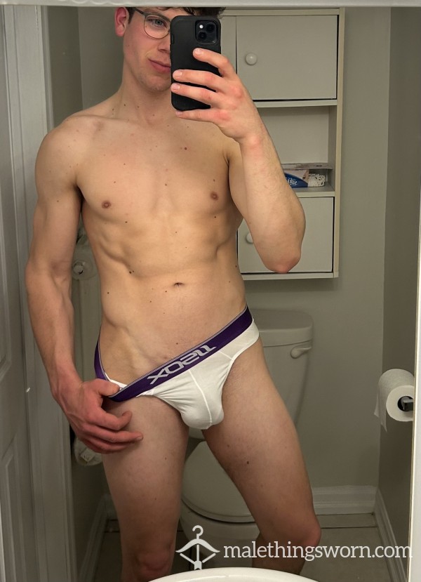 Used White/Purple Thong Waiting To Be Customized