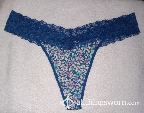 Vs Blue Cotton Thong With Lace Trim