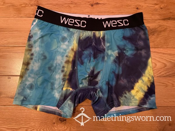 WESC Skater Silky Polyester Microfibre Blue Tie-dye Funky Boxer Shorts (S) photo