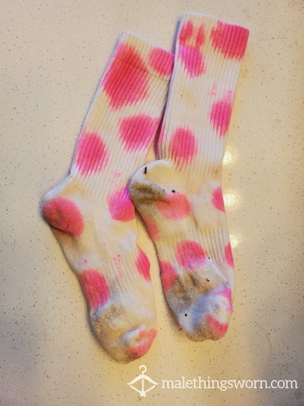 White Crew Socks With Pink Spots