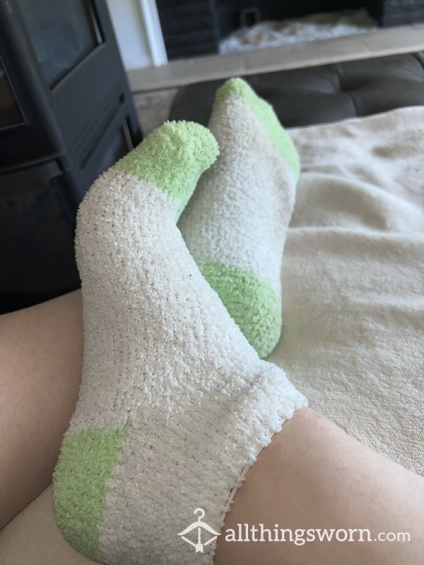 White & Green Fuzzy Ankle Socks