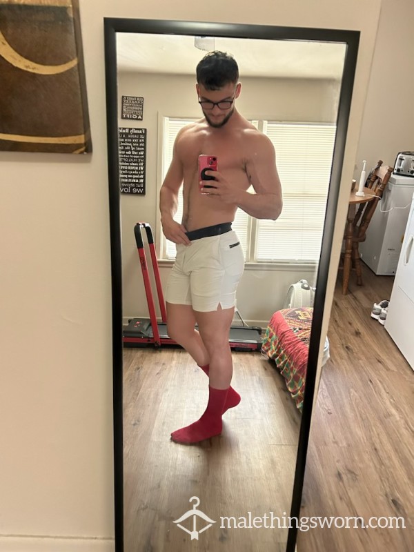 White Gym Shorts. Used And Abused During Workouts. Musk Is Heavy With These.