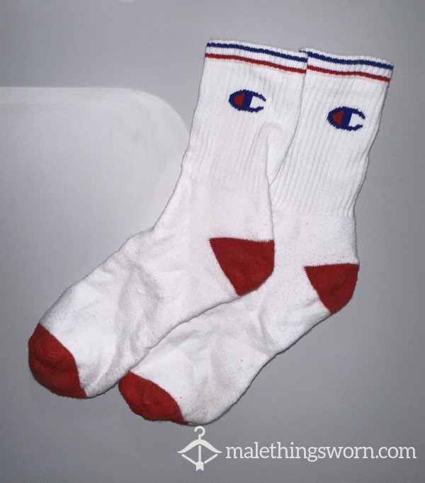 White & Red Champion Socks (5 DAYS WORN + CUM)