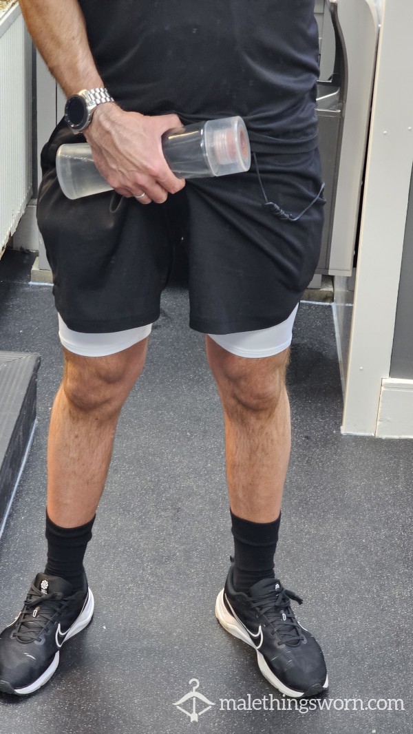 Worn 5 Sessions. Black Shorts With White Compression Shorts.