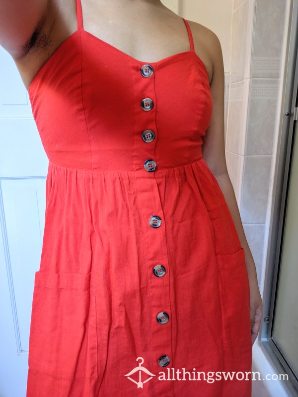 Worn Ladies Red Front Buttoned Dress